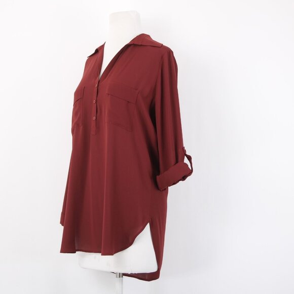 Pleione Top Sz XS Burgundy Red Collared Hi Lo Buttons 100% Polyester Top - Picture 5 of 15